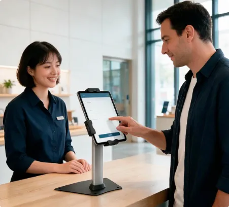 The customer signs on the tablet at the counter
